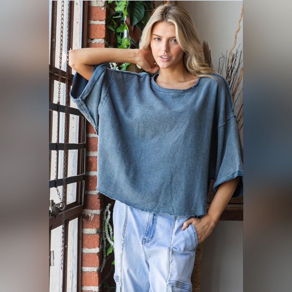 🐼#837 Oli & Hali WASHED DROP SHOULDER RELAXED CROPPED TOP